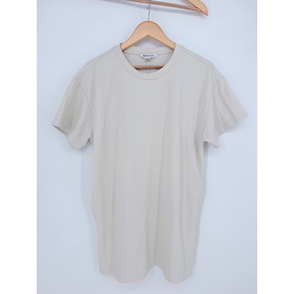 Athleta Renew Ribbed T-Shirt Dress M Beige Short Pockets Quiet Luxury Yoga